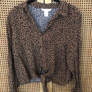 H&M Cheetah Print Button Up Tie Front Blouse